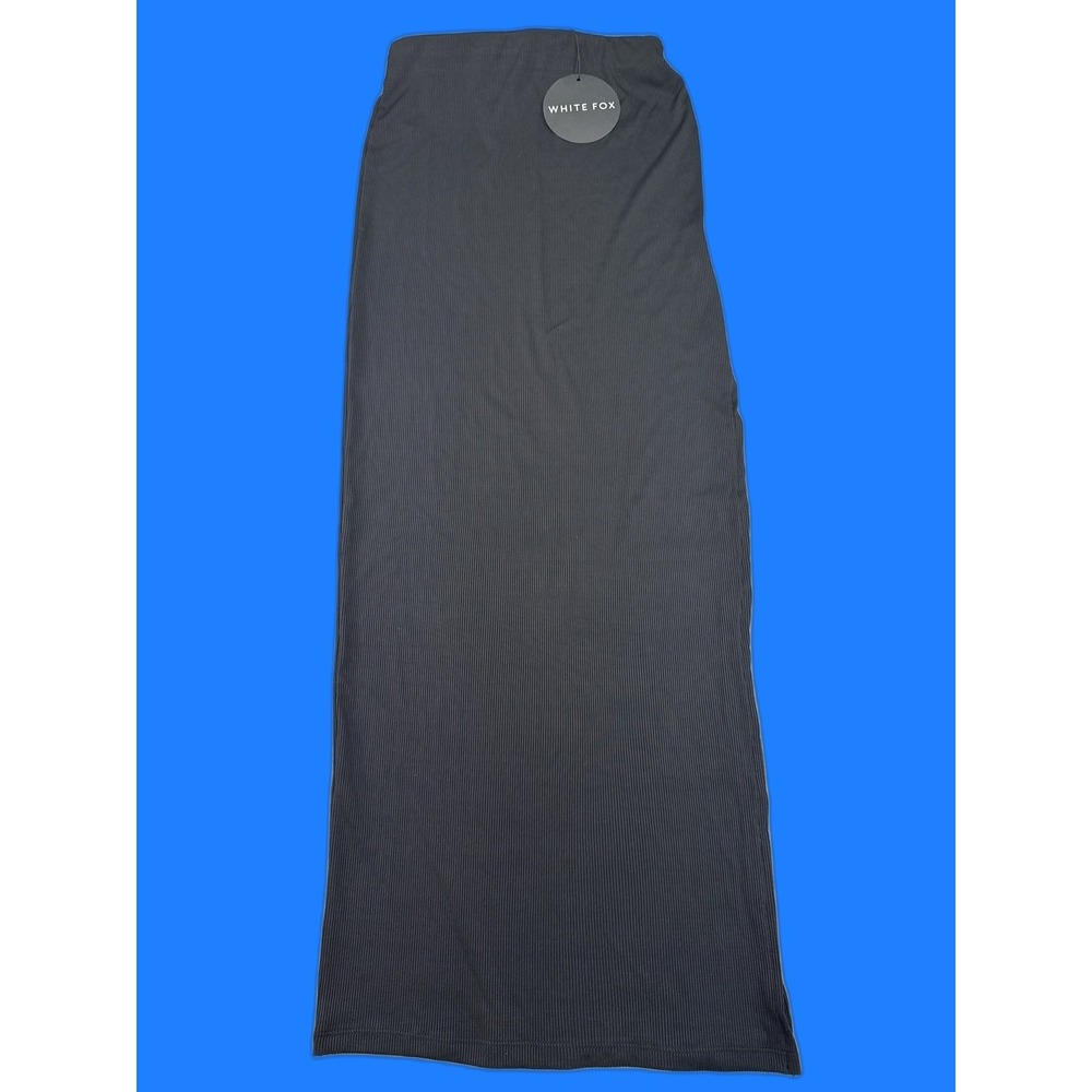 WHITE FOX MS02448 BLK S Ribbed Stretch Maxi Skirt Women Black Solid Bodycon Slit